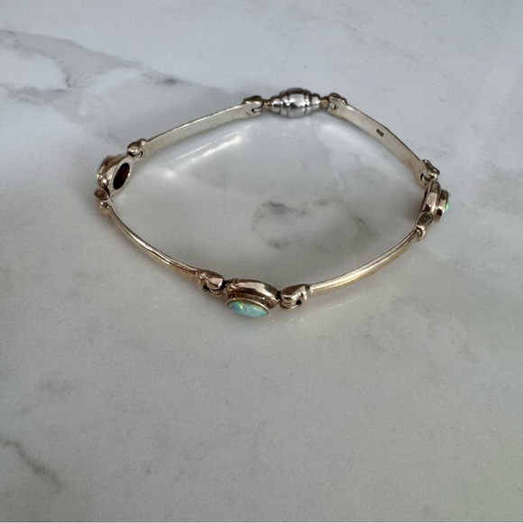 Silver Opal Accent Bangle Bracelet Hinged Opal Bracelet - Picture 2 of 5